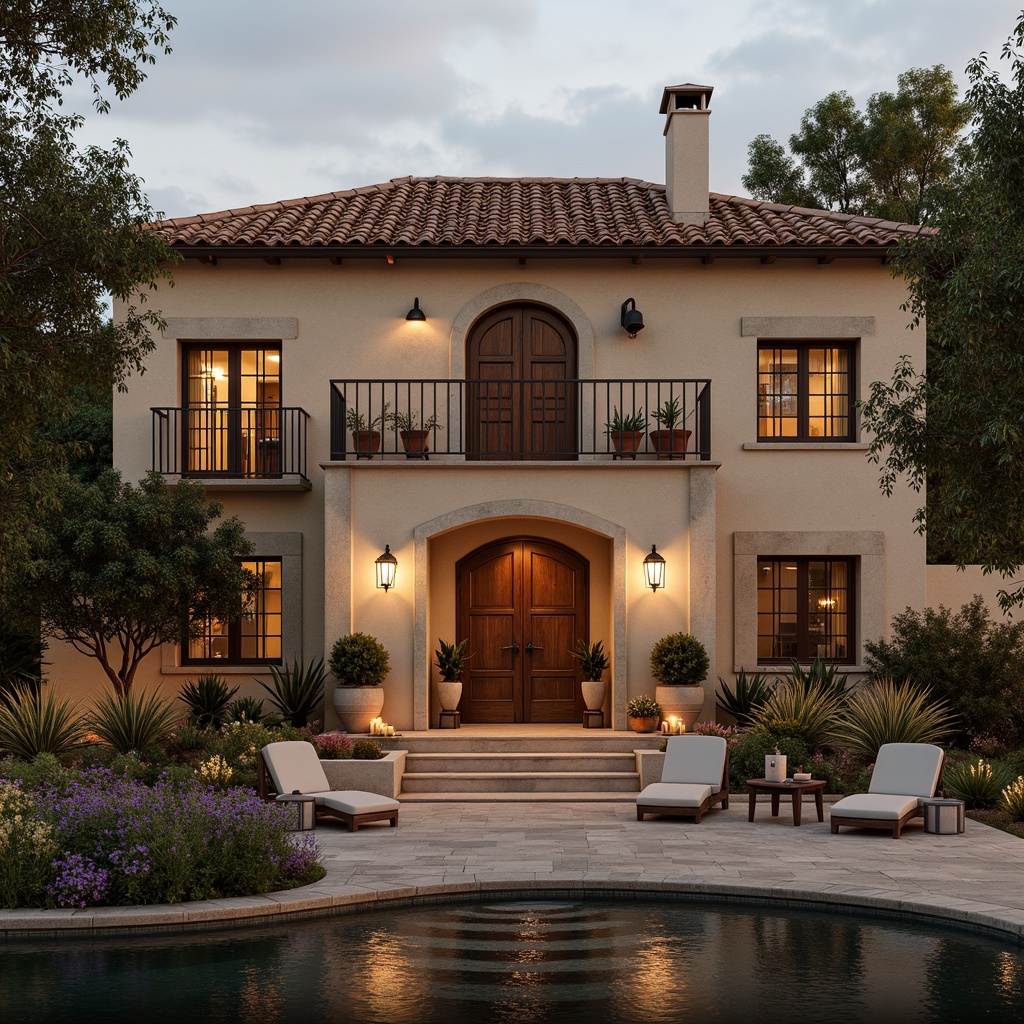 Prompt: Warm Mediterranean villa, soft warm lighting, rustic stone walls, terracotta roof tiles, ornate wooden doors, wrought iron balconies, lush greenery, blooming flowers, tranquil water features, serene ambiance, natural materials, earthy color palette, warm beige tones, soft golden lighting, lantern-style lighting fixtures, candles and torches, subtle shadows, 3/4 composition, realistic textures, ambient occlusion.