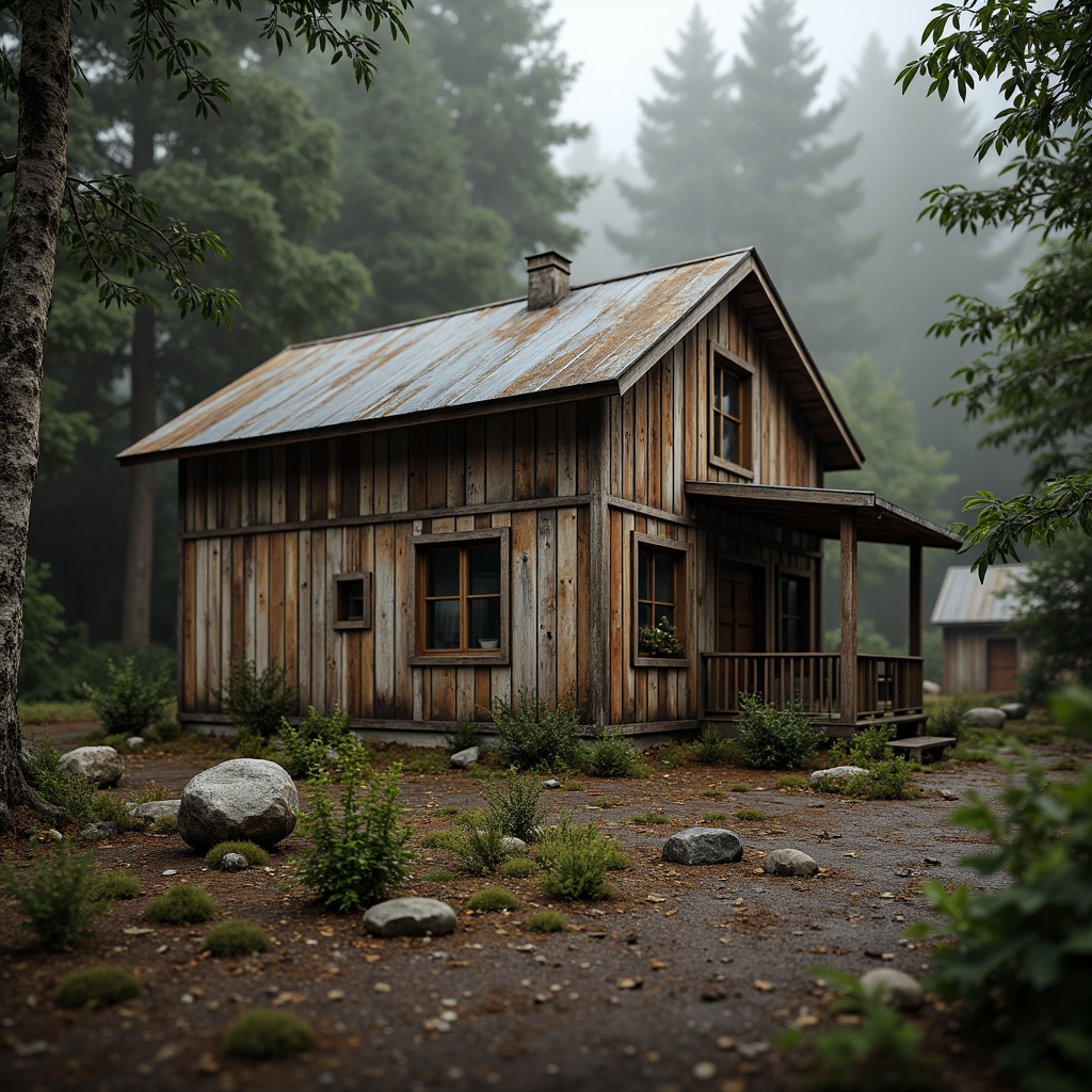 Prompt: Rustic wooden cabin, distressed textures, earthy tones, natural stone walls, weathered metal roofs, moss-covered surfaces, forest surroundings, misty atmosphere, warm soft lighting, shallow depth of field, 1/1 composition, realistic renderings, ambient occlusion, subtle color palette.