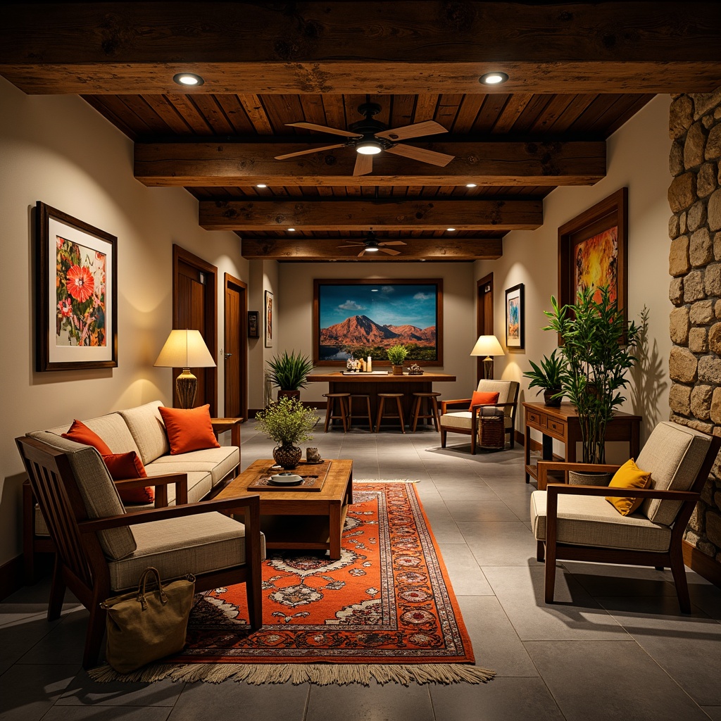 Prompt: Cozy basement, warm earthy tones, rich wood accents, soft beige walls, dark grey floors, vibrant color pops, ambient lighting, natural stone textures, industrial metal beams, eclectic decorative artifacts, moody atmosphere, cinematic shadows, dramatic color contrasts, rustic wooden furniture, plush area rugs, intimate seating areas, bold accent colors, warm golden lighting, 2/3 composition, shallow depth of field, realistic textures.