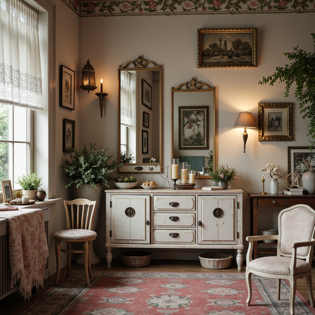 Prompt: Distressed wooden furniture, vintage decorative accents, soft pastel colors, floral patterns, lace trimmings, rustic metal hardware, ornate mirrors, distressed finishes, worn velvet fabrics, antique accessories, feminine details, warm candlelight, cozy atmosphere, natural textiles, subtle sheen, 1/1 composition, shallow depth of field, realistic textures, ambient occlusion.