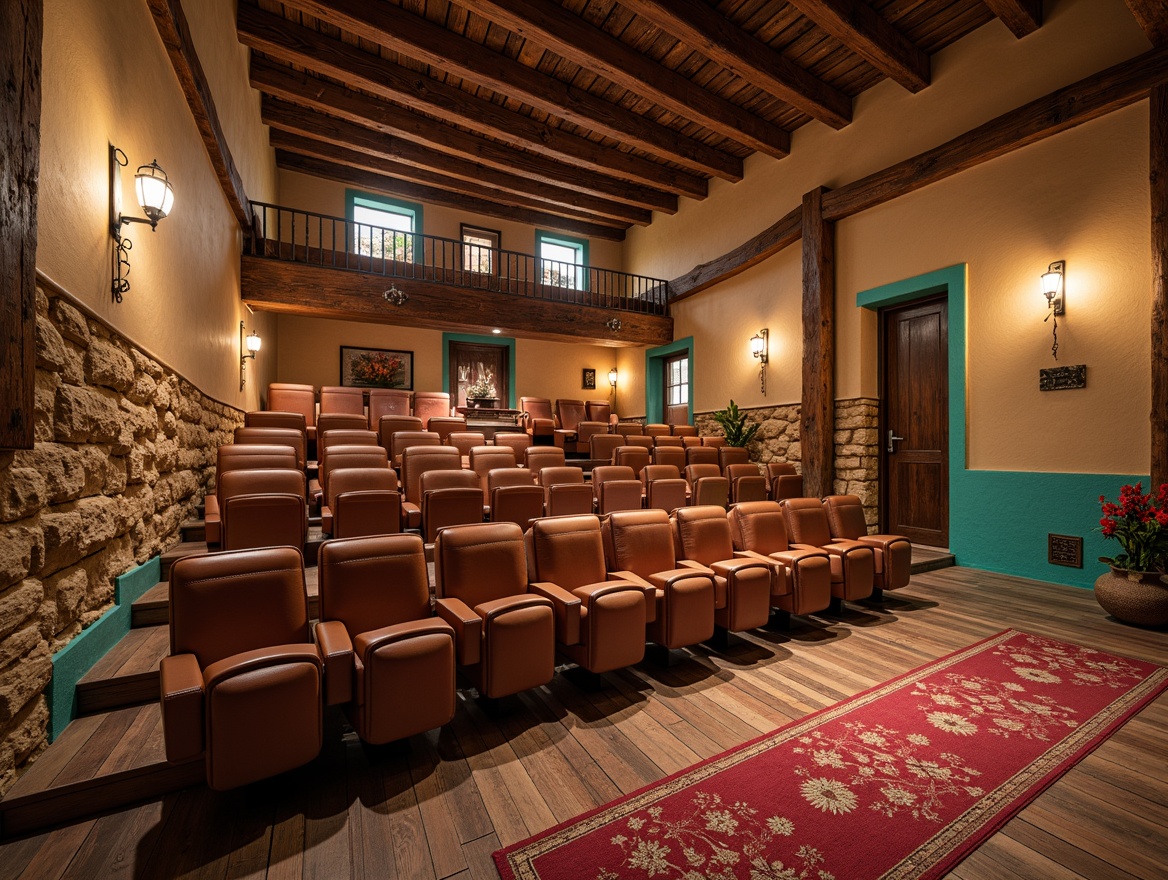 Prompt: Rustic auditorium, southwestern style, earthy tones, natural stone walls, wooden accents, reclaimed wood floors, woven textiles, vibrant turquoise hues, warm beige stucco, rough-hewn wooden beams, wrought iron lighting fixtures, leather-upholstered seats, plush crimson carpets, ambient dim lighting, shallow depth of field, 1/1 composition, panoramic view, realistic textures, subtle shadows.