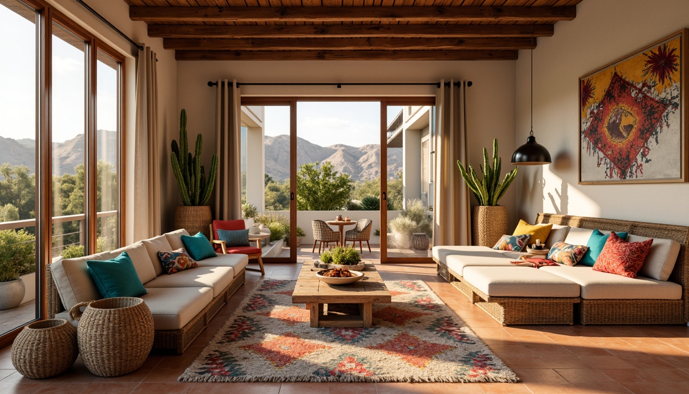 Prompt: Vibrant southwestern decor, warm beige walls, earthy terracotta flooring, plush sectional sofa, colorful kilim pillows, woven wicker armchairs, natural fiber rugs, wooden ceiling beams, large windows, sliding glass doors, desert landscape views, cacti plants, vibrant turquoise accents, geometric patterned textiles, rustic metal lighting fixtures, warm softbox lighting, cozy reading nook, 3/4 composition, realistic textures.