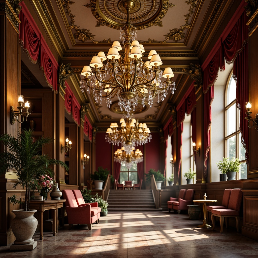 Prompt: Ornate chandeliers, crystal droplets, bronze fixtures, intricate metalwork, floral patterns, velvet drapes, rich wood tones, marble floors, grand staircases, opulent furnishings, lavish decor, warm golden lighting, soft candlelight, dramatic shadows, 1/2 composition, shallow depth of field, realistic textures, ambient occlusion.