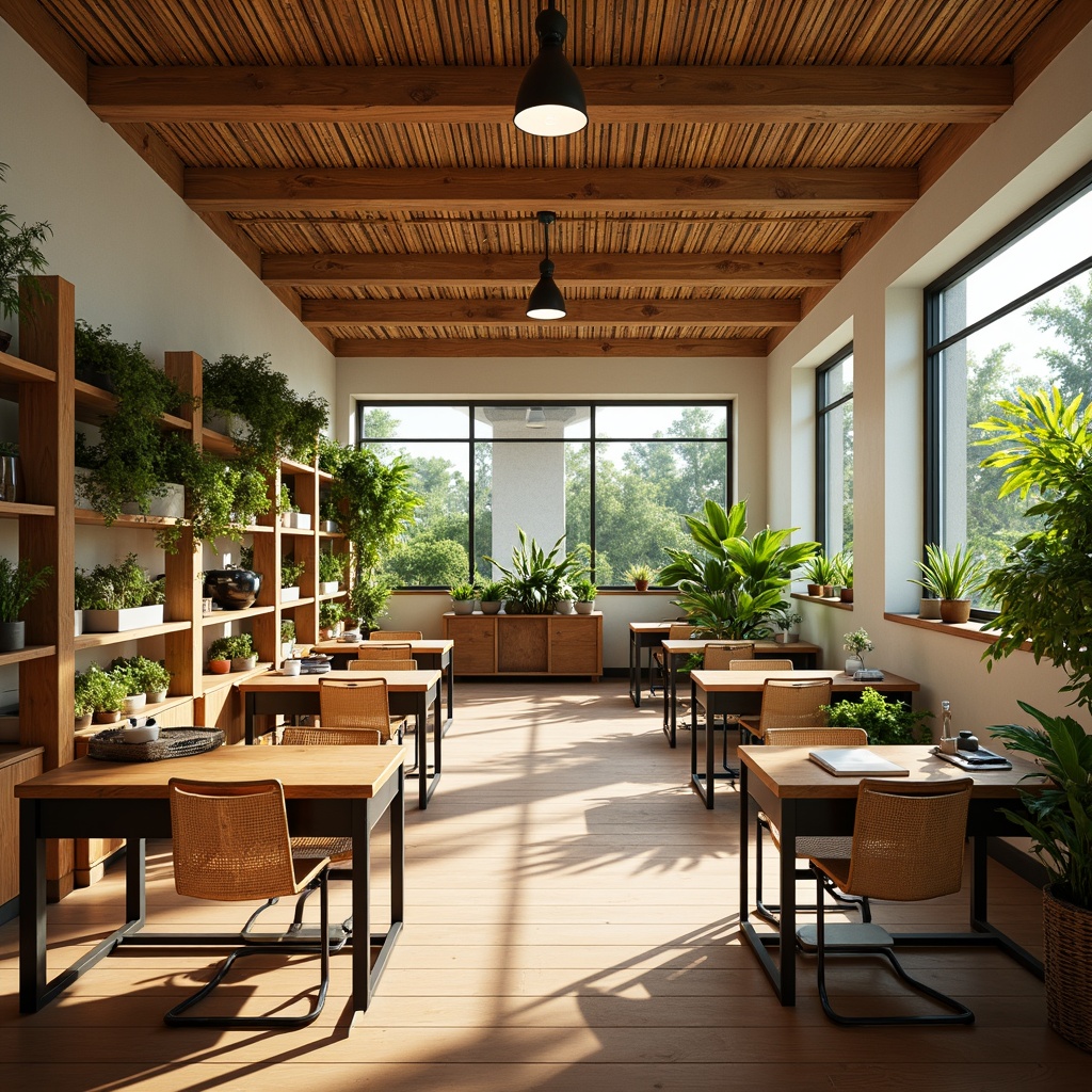 Prompt: Vibrant tropical classroom, bright natural light, warm wooden tones, rattan furniture, woven textiles, colorful accents, ergonomic chairs, adjustable desks, durable metal frames, breathable mesh materials, plants on shelves, tropical greenery, soft diffused lighting, shallow depth of field, 1/1 composition, realistic textures, ambient occlusion.