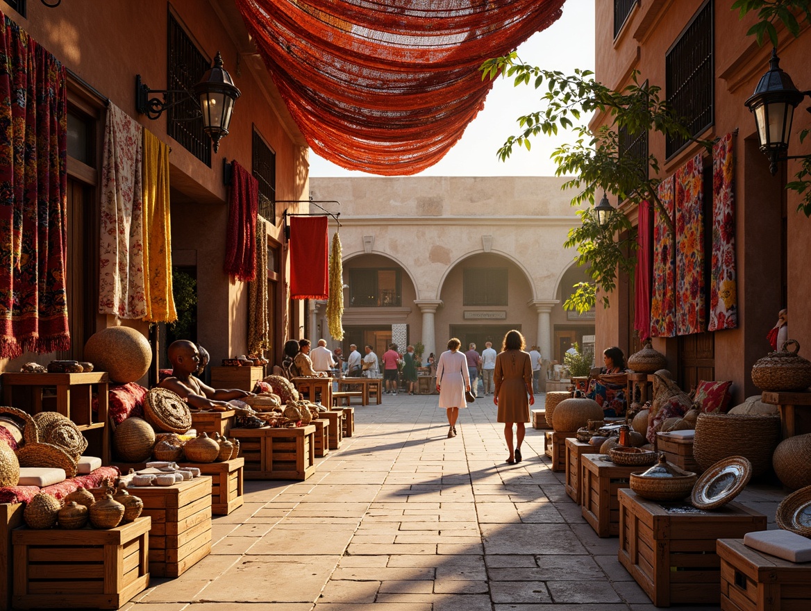 Prompt: Vibrant market scene, stalls with colorful fabrics, intricately patterned textiles, eclectic vendor displays, woven baskets, natural fiber rugs, rustic wooden crates, earthy tone ceramics, warm golden lighting, shallow depth of field, 1/1 composition, realistic textures, ambient occlusion, lively atmosphere, dynamic crowd movement, authentic cultural props, Moroccan-inspired architecture, ornate metal lanterns, distressed stonewalls, richly adorned fabrics, global cultural fusion.