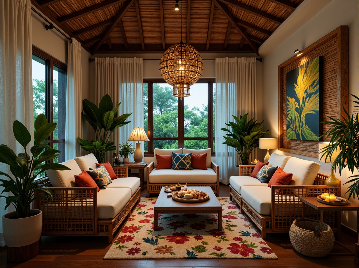 Prompt: Warm tropical ambiance, exotic wooden accents, natural rattan furniture, woven bamboo textures, lush greenery, vibrant floral patterns, soft warm lighting, table lamps with wicker shades, floor lamps with linen covers, pendant lights with rattan details, LED string lights, candles in seashell holders, ambient warm glow, cozy reading nooks, plush throw pillows, natural fiber rugs, tropical leaf-inspired wall art, woven basket storage, ocean-blue color palette, creamy white walls, rich wood tones.