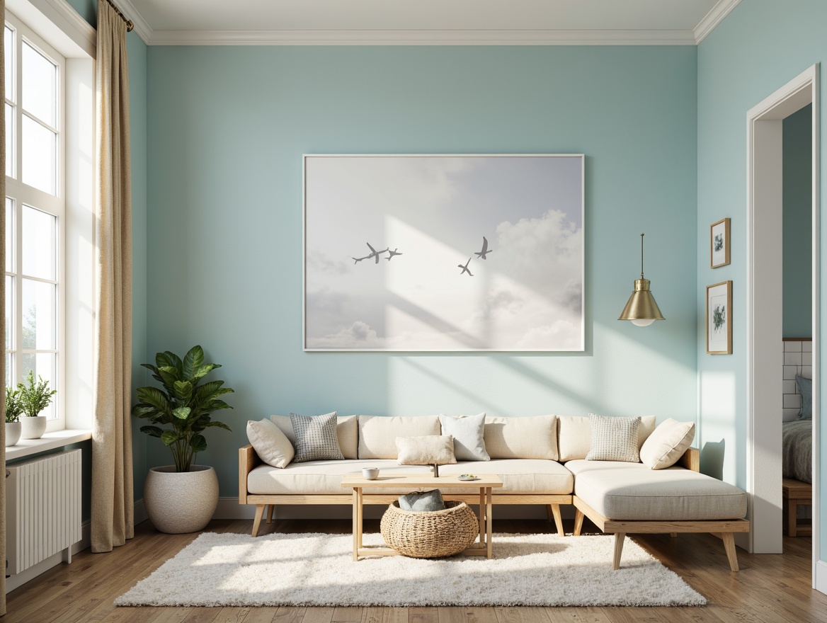 Prompt: \Soft sky blue walls, creamy white trim, warm beige furniture, natural wood accents, plush area rugs, calming ambiance, serene atmosphere, gentle cloud formations, bright sunny day, subtle gradient effects, 1/2 composition, shallow depth of field, soft focus, realistic textures, ambient occlusion.\