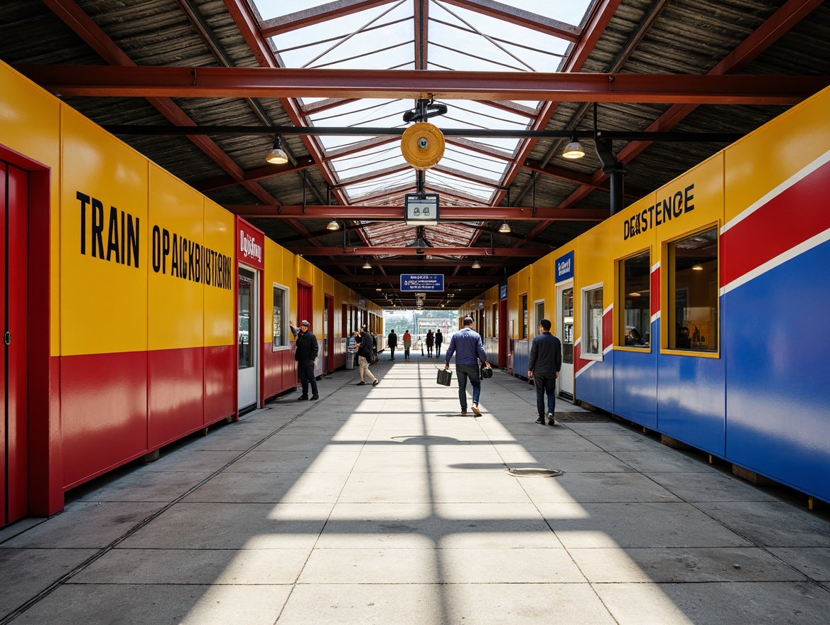 Prompt: Vibrant train station, primary colors, bold typography, industrial materials, steel beams, concrete floors, geometric shapes, minimal ornamentation, functional design, rectangular forms, clean lines, urban landscape, busy streets, modern cityscape, natural light, soft shadows, shallow depth of field, 1/1 composition, symmetrical view, realistic textures, ambient occlusion.