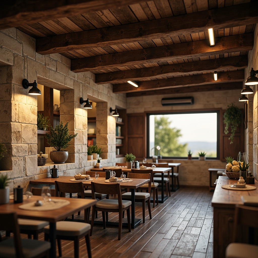 Prompt: Rustic wooden accents, distressed stone walls, vintage metal fixtures, reclaimed wood flooring, earthy color palette, natural textures, organic forms, cozy ambient lighting, shallow depth of field, 2/3 composition, warm golden hour, soft focus, realistic renderings.