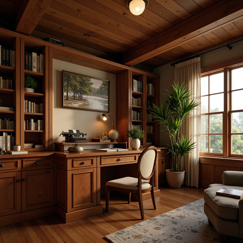 Prompt: Cozy home office, wooden desk, rich walnut tones, ornate carvings, Craftsman-style cabinetry, natural wood grain, earthy color palette, warm lighting, comfortable seating area, plush armchair, woven textiles, vintage typewriter, leather-bound books, framed artwork, wooden floorboards, rustic metal hardware, soft warm glow, shallow depth of field, 1/1 composition, realistic textures, ambient occlusion.