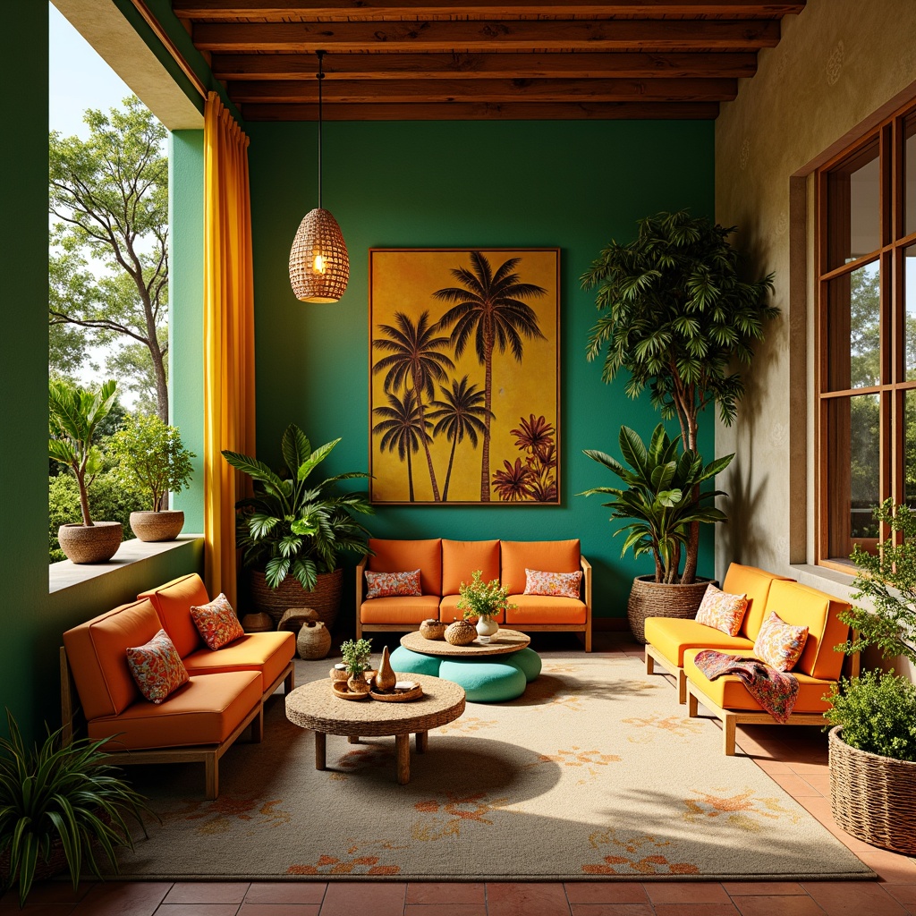 Prompt: Vibrant tropical interior, lush green walls, exotic wood accents, bold coral hues, sunny yellow fabrics, turquoise decorative accessories, natural woven fibers, rattan furniture, palm tree-inspired patterns, bright floral arrangements, warm golden lighting, shallow depth of field, 1/2 composition, realistic textures, ambient occlusion.