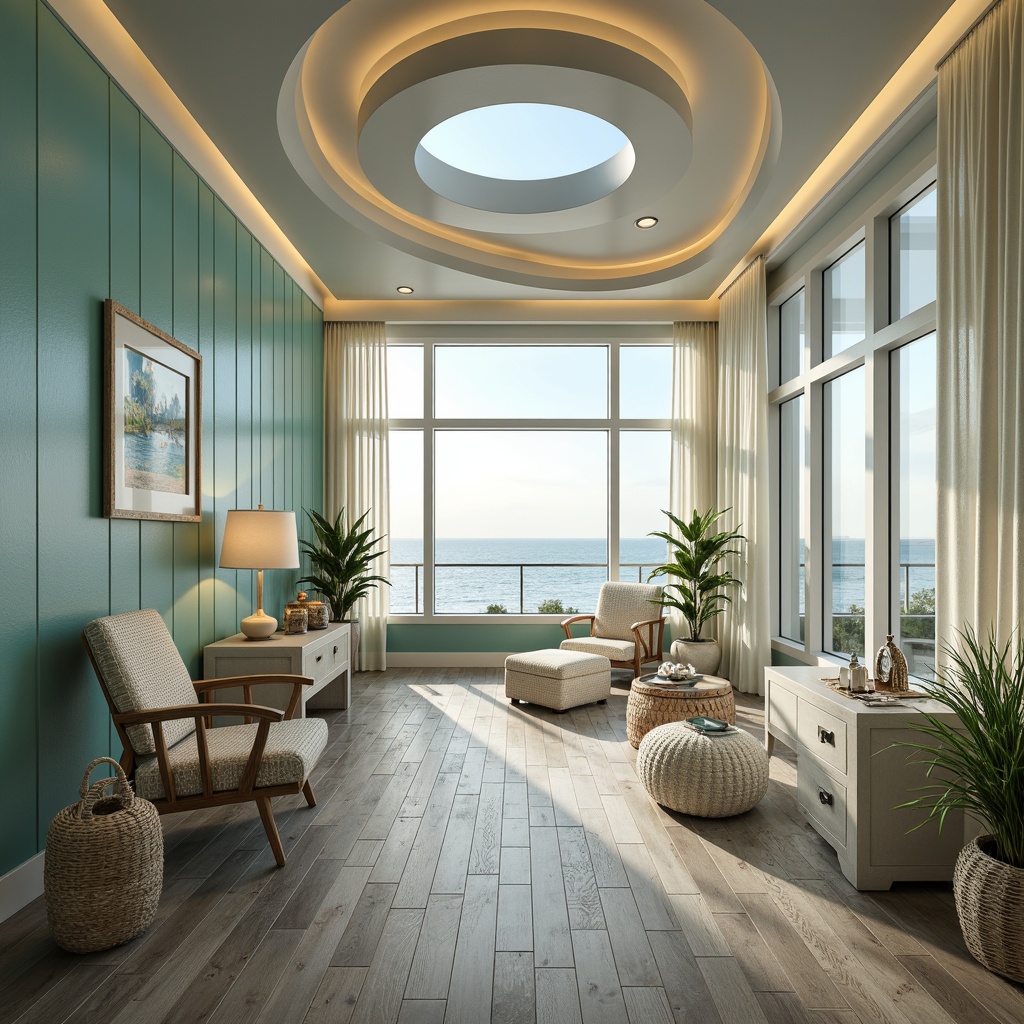 Prompt: Coastal dental clinic, calming ocean views, soft blue-green color scheme, driftwood accents, natural textiles, woven fibers, creamy whites, weathered wood floors, nautical decorative elements, porthole windows, glass partitions, modern minimalist furniture, indirect warm lighting, LED ceiling lights, table lamps, floor-to-ceiling curtains, sheer fabrics, sunny day, soft warm glow, shallow depth of field, 1/1 composition, realistic textures, ambient occlusion.