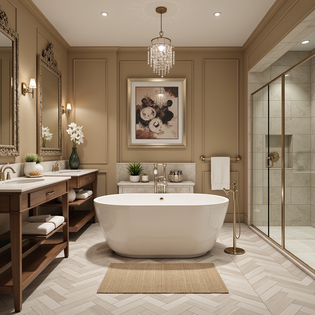 Prompt: Elegant freestanding tub, polished chrome fixtures, Carrara marble countertops, soft close cabinetry, LED lighting, warm beige walls, large format tiles, herringbone patterned floors, plush area rugs, minimalist wall decor, ornate mirrors, double sink vanities, crystal chandeliers, spa-inspired ambiance, natural stone accents, frosted glass shower doors, rainfall showerheads, body sprays, heated flooring, 1/1 composition, softbox lighting, warm neutral color palette.