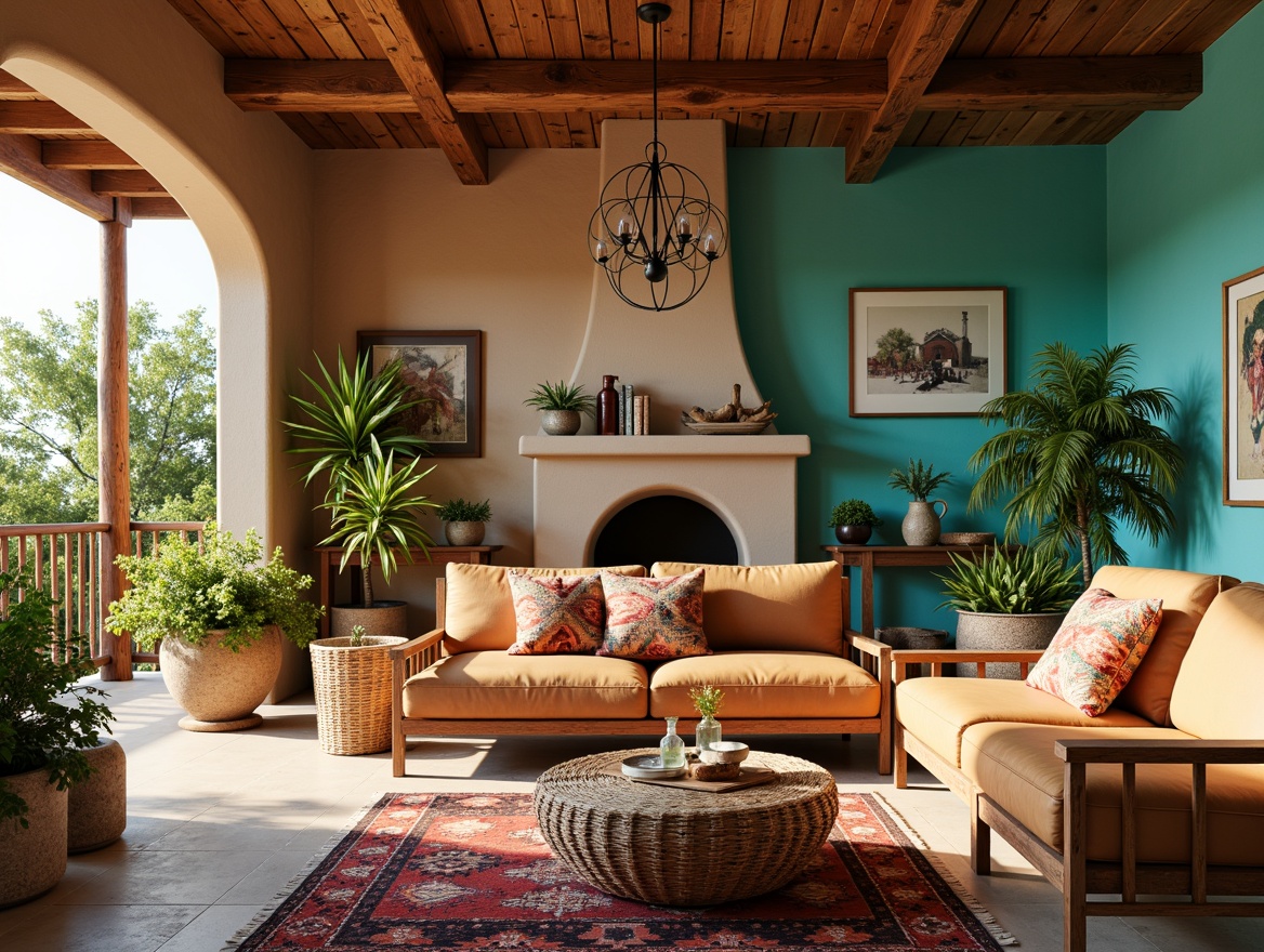 Prompt: Vibrant turquoise accents, warm beige walls, rustic wooden furniture, plush Native American-patterned throw pillows, woven rattan coffee table, comfortable earth-toned leather sofa, colorful kilim rugs, natural stone fireplace, wrought iron chandelier, vintage Spanish-inspired decorative accessories, lush green plants, sunny afternoon lighting, shallow depth of field, 2/3 composition, warm atmospheric ambiance.