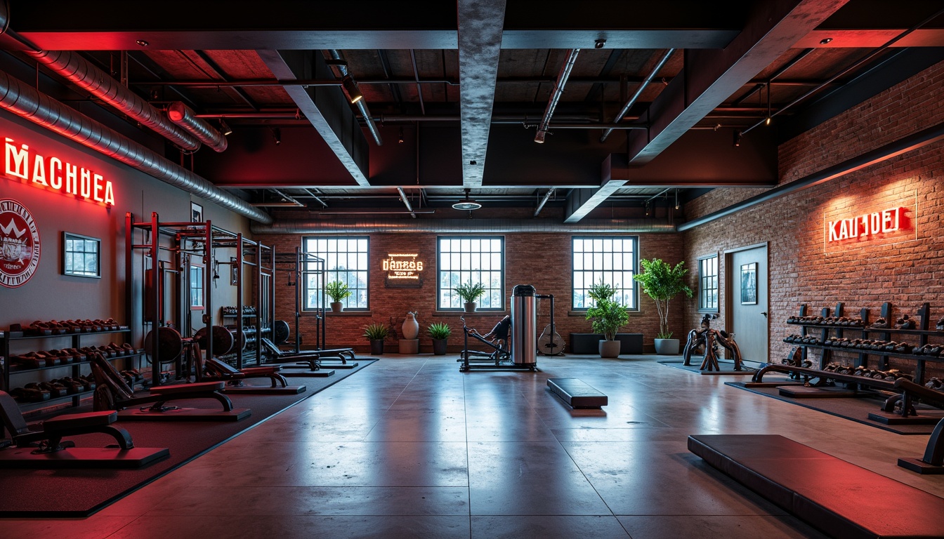 Prompt: Industrial-chic gym space, polished concrete flooring, matte black rubber tiles, high-gloss epoxy coating, metallic accents, bold color schemes, neon signs, modern fitness equipment, sleek steel beams, minimalist lighting fixtures, urban loft atmosphere, exposed brick walls, reclaimed wood accents, dynamic diagonal lines, high-contrast textures, dramatic shadows, 1/2 composition, low-angle shot, cinematic lighting.