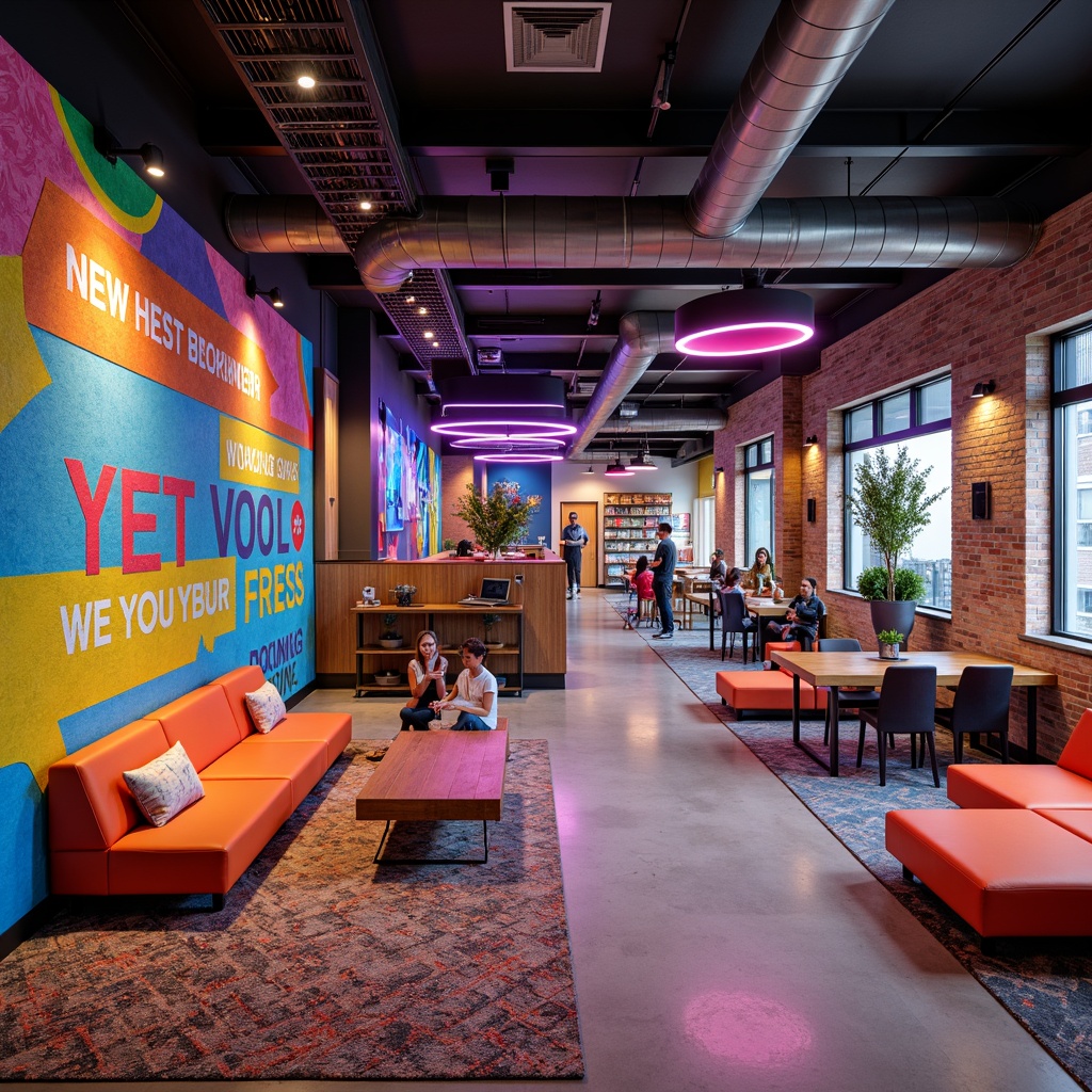 Prompt: Vibrant youth center interior, bold color accents, dynamic murals, inspirational quotes, modern furniture, eclectic textures, playful patterns, natural wood tones, industrial metal beams, exposed ductwork, flexible seating areas, collaborative workspaces, interactive technology zones, neon-lit corridors, energetic atmosphere, youthful vibe, creative freedom, artistic expressions, urban loft style, reclaimed wood accents, bright pops of color, abstract artwork, geometric shapes, futuristic lighting fixtures, 1/1 composition, high-contrast colors, dramatic shadows.