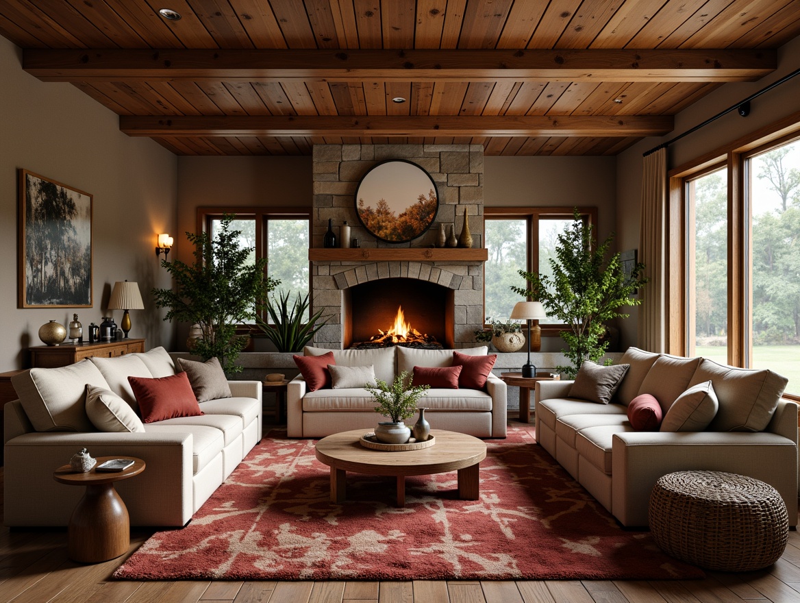 Prompt: Cozy living room, plush carpets, velvet sofas, reclaimed wood accent walls, natural stone fireplaces, woven wicker furniture, rustic metal decorations, earthy color palette, warm ambient lighting, soft shadows, 1/1 composition, shallow depth of field, realistic textures, ambient occlusion.