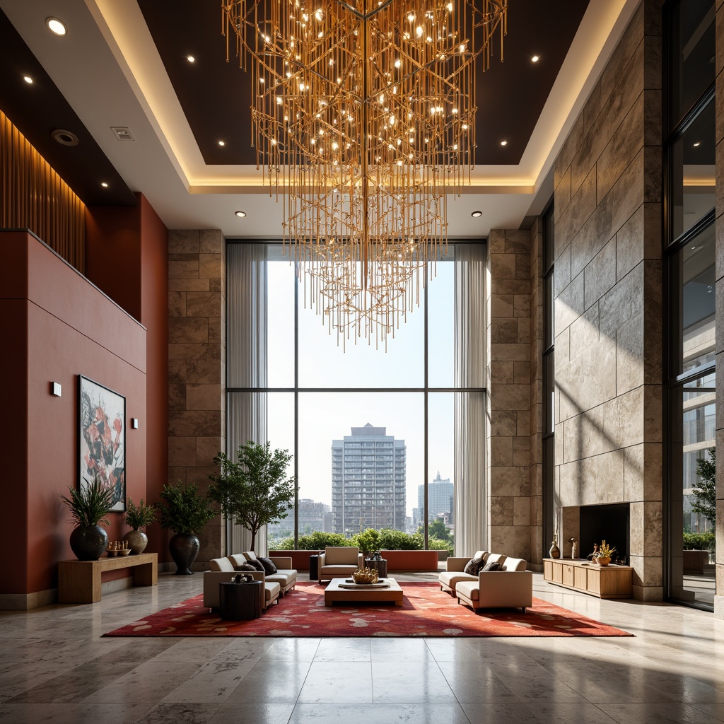 Prompt: Dramatic high-ceilinged lobby, polished marble floors, grand chandelier, sleek modern furniture, bold color scheme, textured accent walls, minimalist decor, natural stone features, expansive windows, urban cityscape view, warm softbox lighting, 1/1 composition, shallow depth of field, vibrant contrasting colors, abstract geometric patterns, luxurious materials, innovative architectural details.