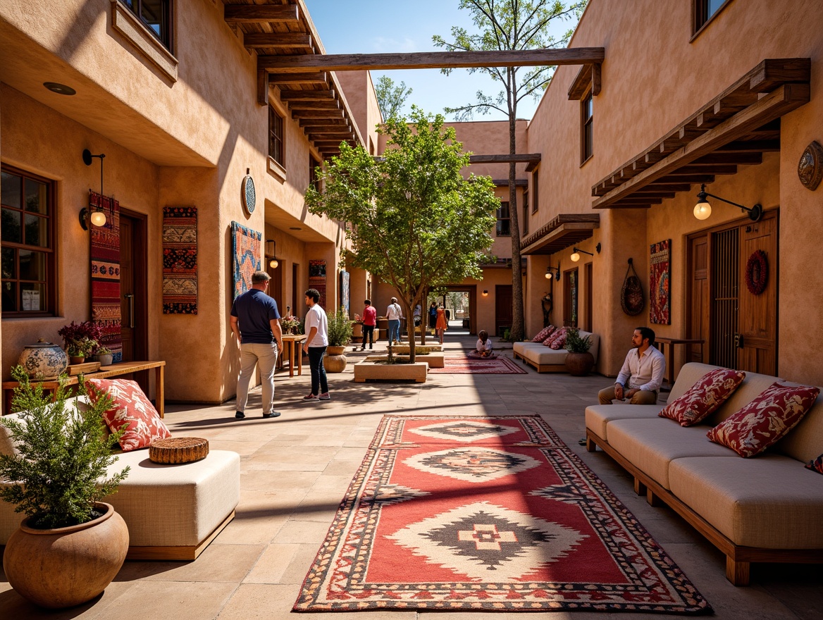 Prompt: Vibrant Southwestern cultural center, richly patterned Navajo-inspired rugs, bold geometric textiles, earthy tone adobe architecture, rustic wooden accents, warm desert sunlight, lively community gatherings, traditional Native American pottery displays, colorful woven baskets, handcrafted jewelry exhibits, natural fiber wall hangings, intricate Pueblo-style mosaics, festive tribal print fabrics, cozy gathering spaces, soft warm lighting, shallow depth of field, 3/4 composition, realistic textures, ambient occlusion.