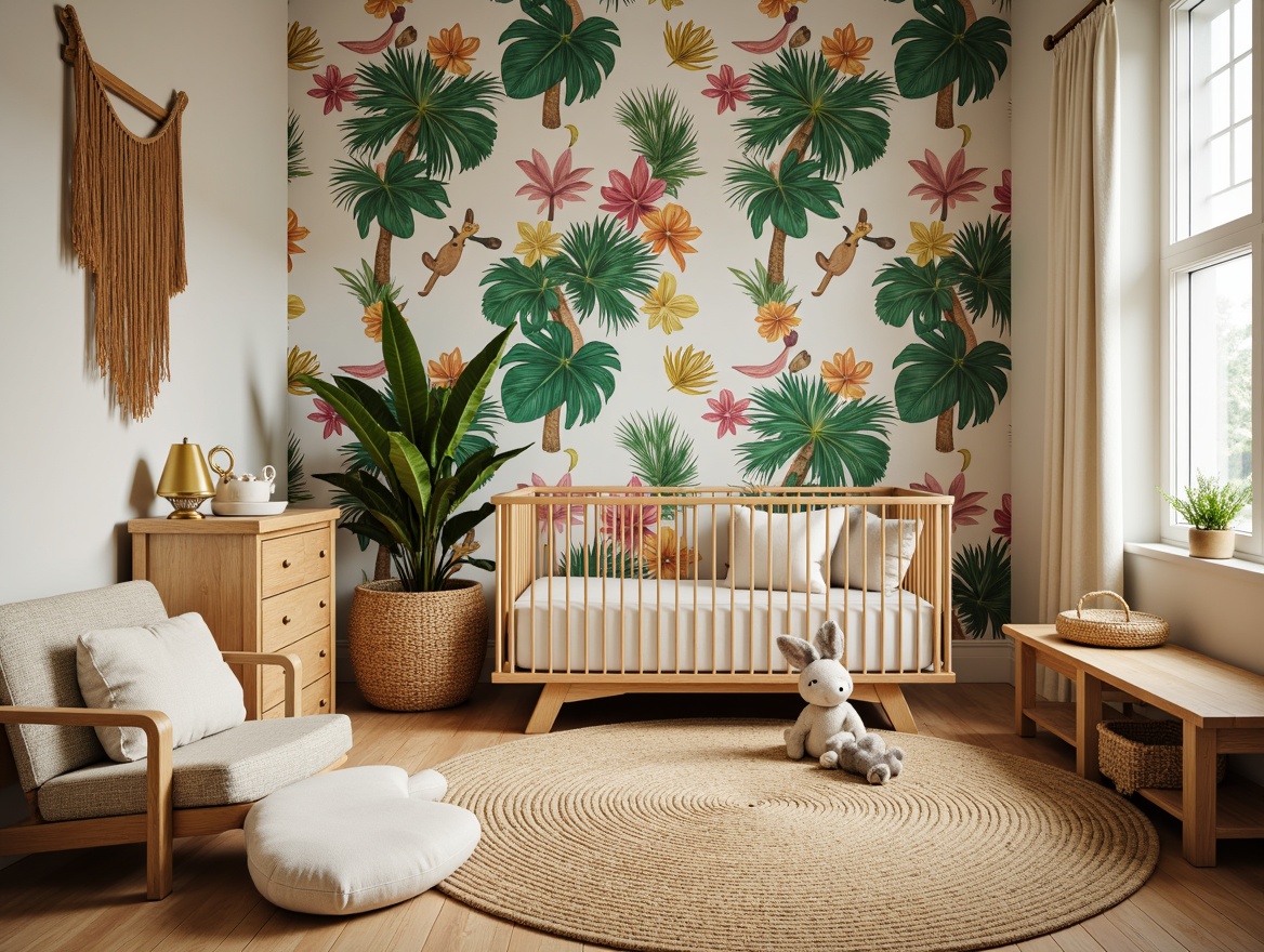 Prompt: Vibrant tropical nursery, palm tree wallpaper, colorful floral patterns, soft pastel hues, woven rattan furniture, natural fiber textiles, exotic wooden accents, playful jungle creatures, whimsical hot air balloon decals, creamy white curtains, warm golden lighting, shallow depth of field, 1/2 composition, intimate close-up shots, realistic fabric textures, ambient occlusion.