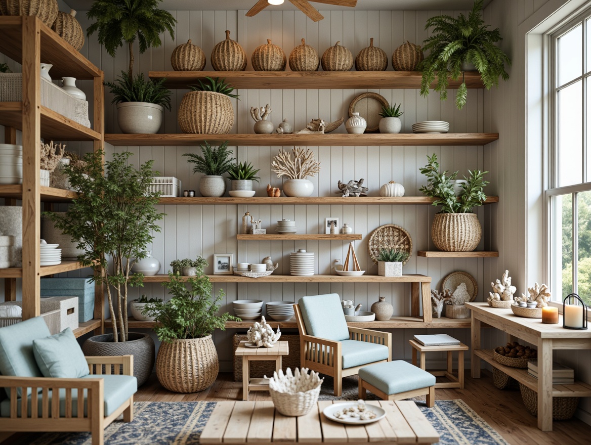 Prompt: Cozy coastal craft room, natural driftwood shelves, woven sea grass baskets, vintage nautical ropes, distressed wooden tables, white shiplap walls, soft blue-green color palette, beachy textiles, coral-inspired decorative accents, starfish-shaped ornaments, seashell-filled vases, ocean-scented candles, warm golden lighting, shallow depth of field, 1/2 composition, intimate atmosphere, realistic wood textures, ambient occlusion.