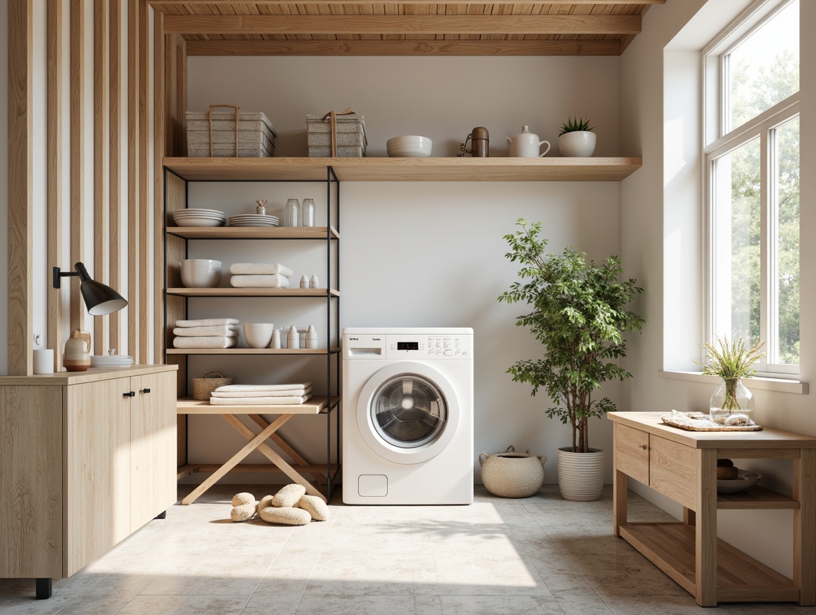 Prompt: Modern Scandinavian laundry room, minimalist design, light wood accents, sleek metal shelving, innovative storage solutions, compact washer dryer combo, folding tables, built-in ironing boards, natural stone flooring, soft pastel color palette, abundant natural lighting, airy feel, shallow depth of field, 1/1 composition, warm softbox lighting, realistic textures, ambient occlusion.