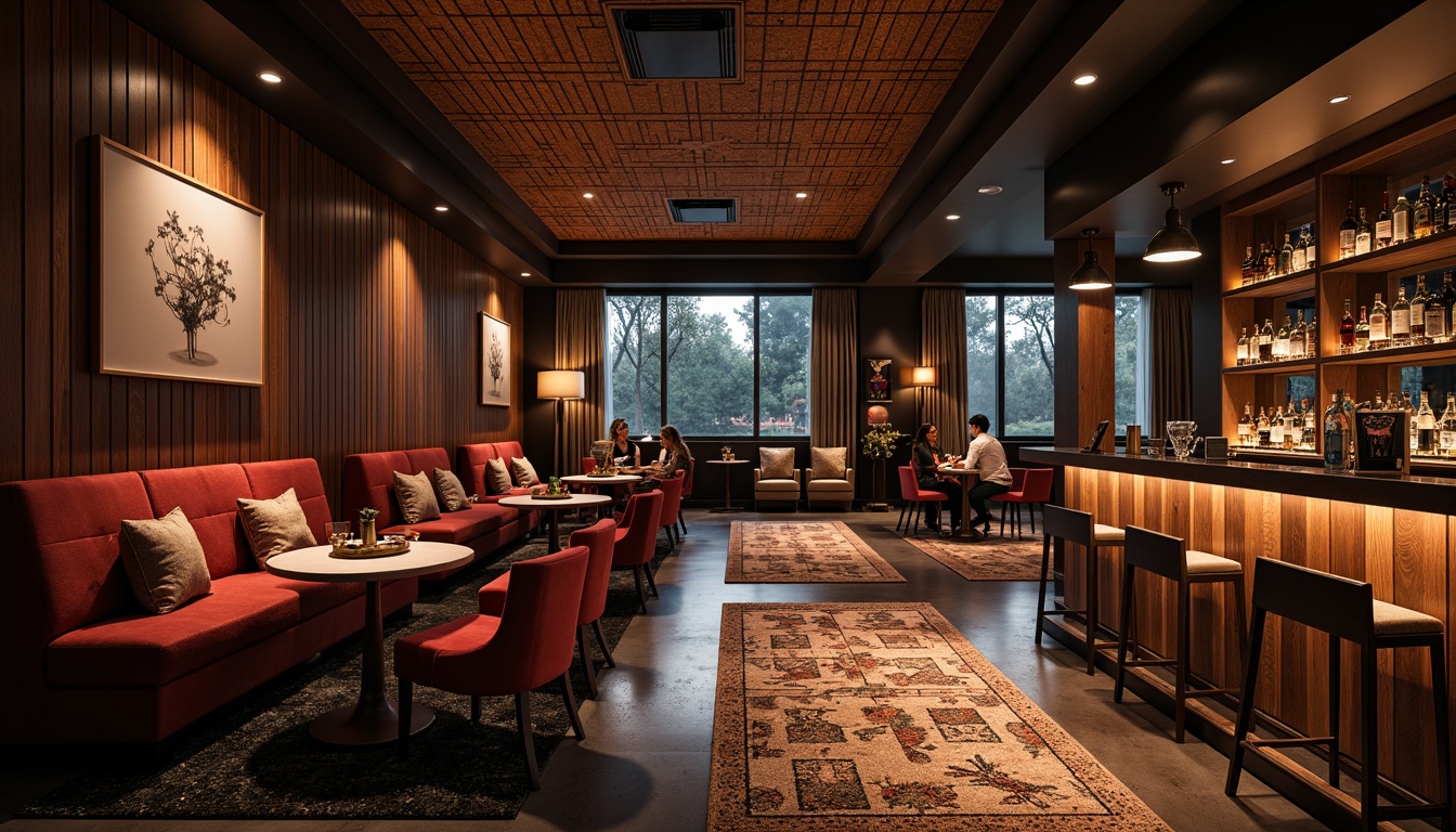 Prompt: Luxurious bar interior, rich wood textures, velvet upholstery, metallic accents, dimmable lighting, stone countertops, polished concrete floors, geometric patterns, plush area rugs, sophisticated color palette, moody ambiance, atmospheric lighting, 1/1 composition, shallow depth of field, warm and inviting atmosphere.