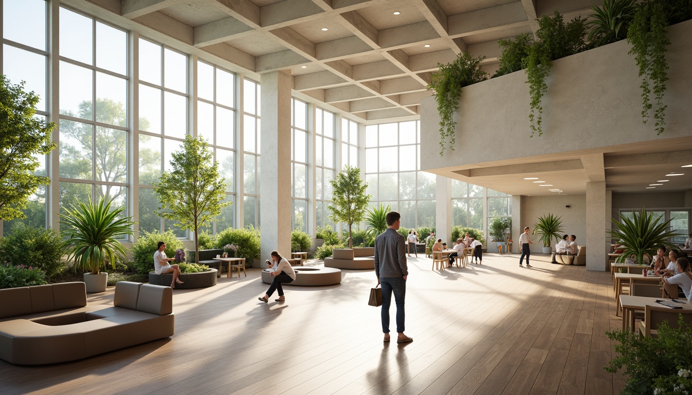 Prompt: Bright educational setting, abundant natural light, floor-to-ceiling windows, minimalist interior design, wooden floors, comfortable seating areas, collaborative workspaces, green walls, living plants, calming atmosphere, warm color scheme, soft diffused lighting, subtle shading, 1/1 composition, intimate focus, realistic textures, ambient occlusion.