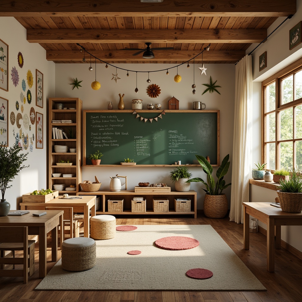 Prompt: Rustic kindergarten classroom, wooden furniture, natural materials, earthy tones, cozy atmosphere, vintage-inspired decorations, distressed wood textures, woven baskets, plush area rugs, soft cushioned chairs, wooden tables, colorful chalkboards, educational wall decals, whimsical mobiles, warm lighting, shallow depth of field, 1/1 composition, inviting corner spaces, playful patterns, nature-inspired accents, child-friendly storage bins.