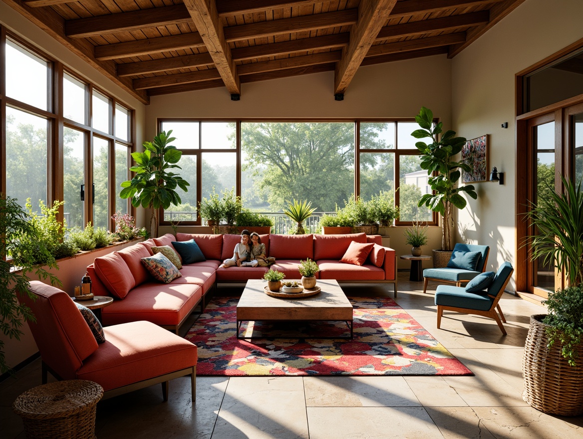 Prompt: Vibrant sunroom, eclectic expressionism style, plush sectional sofas, colorful velvet armchairs, abstract patterned rugs, reclaimed wood coffee tables, industrial metal side tables, woven wicker planters, lush greenery, exotic potted plants, natural stone flooring, large windows, sliding glass doors, warm sunny lighting, shallow depth of field, 3/4 composition, panoramic view, realistic textures, ambient occlusion.