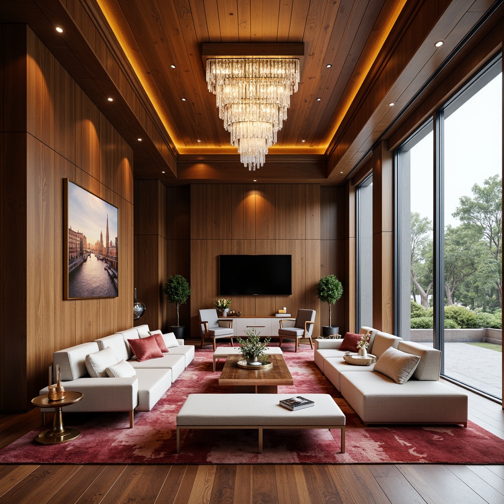 Prompt: Luxurious living room, rich wood flooring, soft plush carpet, velvety smooth walls, elegant ceiling designs, sophisticated furniture pieces, metallic accent tables, crystal chandeliers, floor-to-ceiling windows, natural daylight, ambient warm lighting, 1/1 composition, shallow depth of field, realistic textures, vibrant color palette.