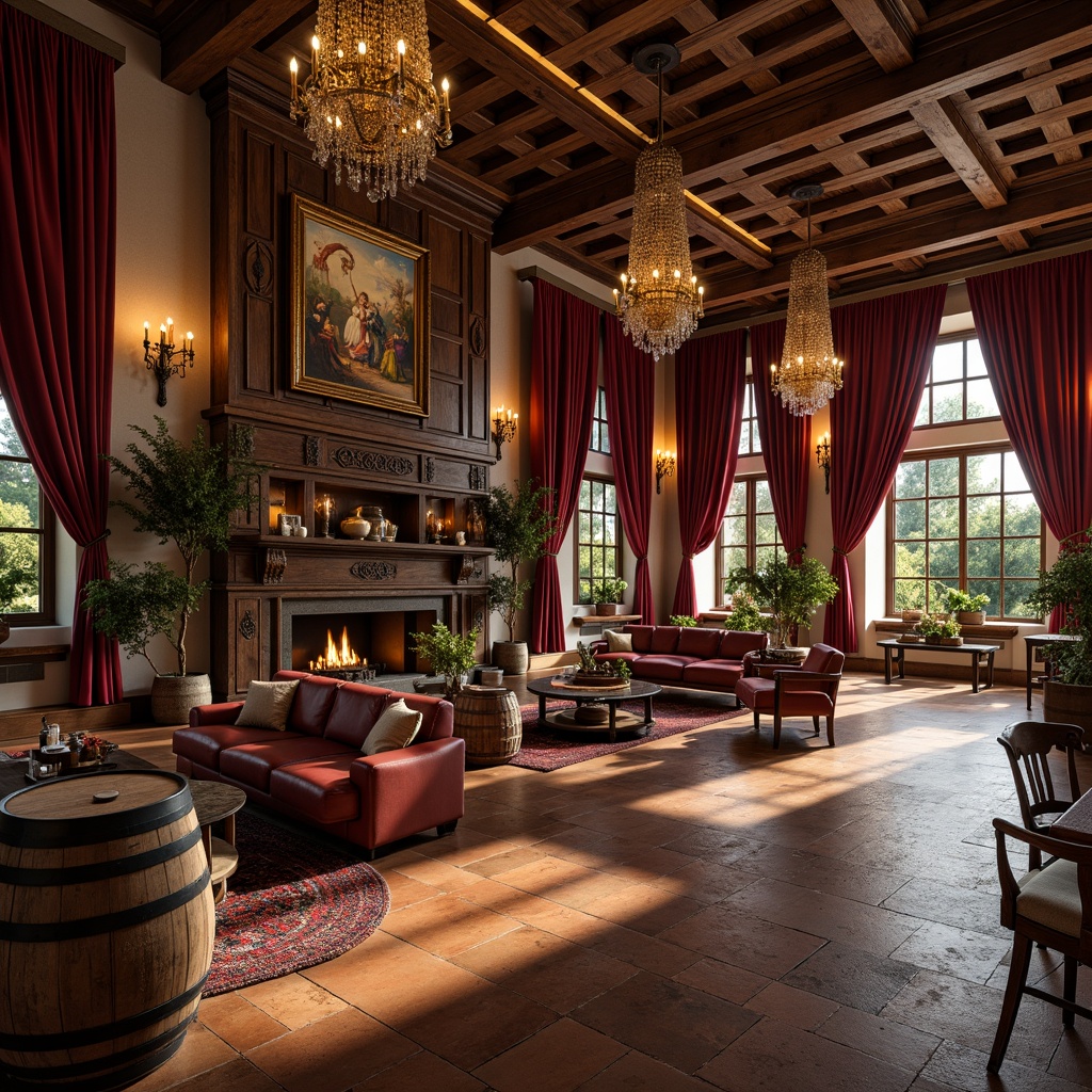 Prompt: Rich winery interior, rustic wooden accents, earthy terracotta floors, vintage wine barrels, ornate metalwork, grand chandeliers, luxurious velvet drapes, warm golden lighting, soft candlelight, classic Renaissance-inspired furniture, intricate carvings, distressed wood finishes, elegant archways, stately columns, regal reds, rich berry tones, deep plum hues, muted gold accents, creamy whites, weathered stone walls, ornate frescoes, refined modern touches, sophisticated ambiance.