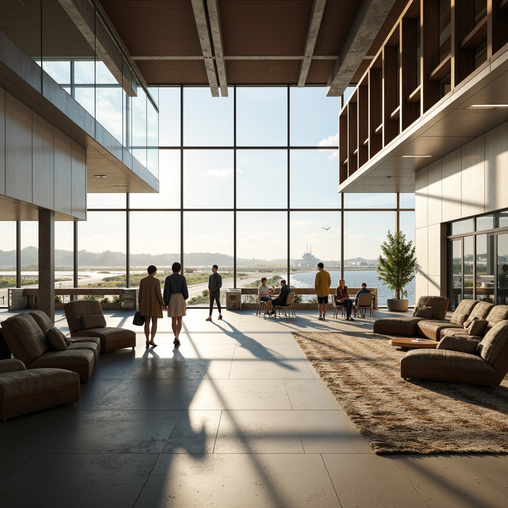 Prompt: Coastal airport interior, airy open spaces, natural light pouring in, sleek modern architecture, gentle ocean breeze, sound of seagulls, minimalistic decor, reclaimed wood accents, nautical-themed furniture, large windows overlooking runway, soft warm lighting, shallow depth of field, 1/2 composition, realistic textures, ambient occlusion, subtle wave patterns, ocean-inspired color palette, calming atmosphere, efficient passenger flow.