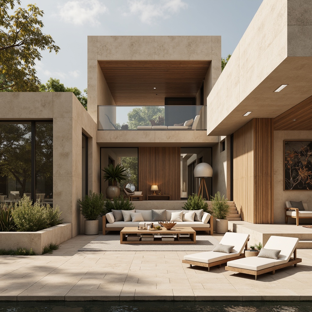 Prompt: Villa Bauhaus architecture, modernist style, clean lines, rectangular forms, monochromatic color scheme, earthy tones, beige stucco walls, wooden accents, natural materials, large windows, sliding glass doors, minimalist decor, functional design, open floor plan, high ceilings, industrial lighting fixtures, bold typography, graphic patterns, abstract artwork, neutral background, warm ambient lighting, shallow depth of field, 3/4 composition, realistic textures, ambient occlusion.