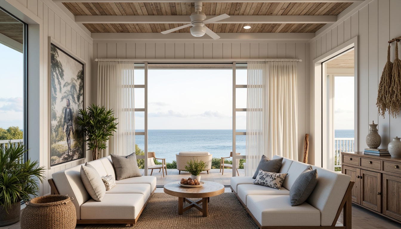 Prompt: Weathered wood accent walls, natural textures, driftwood tones, ocean-inspired colors, calming beachy atmosphere, soft morning light, floor-to-ceiling windows, panoramic coastal views, comfortable plush furniture, woven sea grass rugs, coral-patterned throw pillows, white shiplap ceilings, rustic wooden beams, nautical-themed decor, vintage fishing nets, glass pendant lighting, refreshing sea breeze, 1/1 composition, shallow depth of field, realistic wood textures, ambient occlusion.