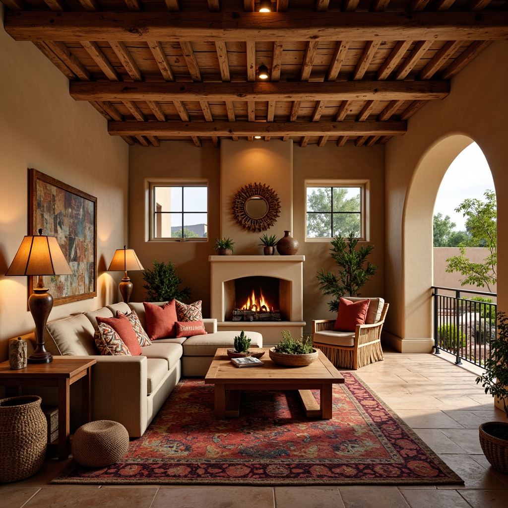 Prompt: Warm and inviting southwestern-style family room, earthy tones, natural textures, rough-hewn wooden beams, rustic stone fireplace, plush sectional sofa, vibrant colorful throw pillows, woven baskets, Native American-inspired patterns, soft warm lighting, table lamps with terra cotta shades, floor lamps with wicker details, cozy reading nook, warm golden glow, relaxed ambiance, 1/2 composition, shallow depth of field, realistic textures.