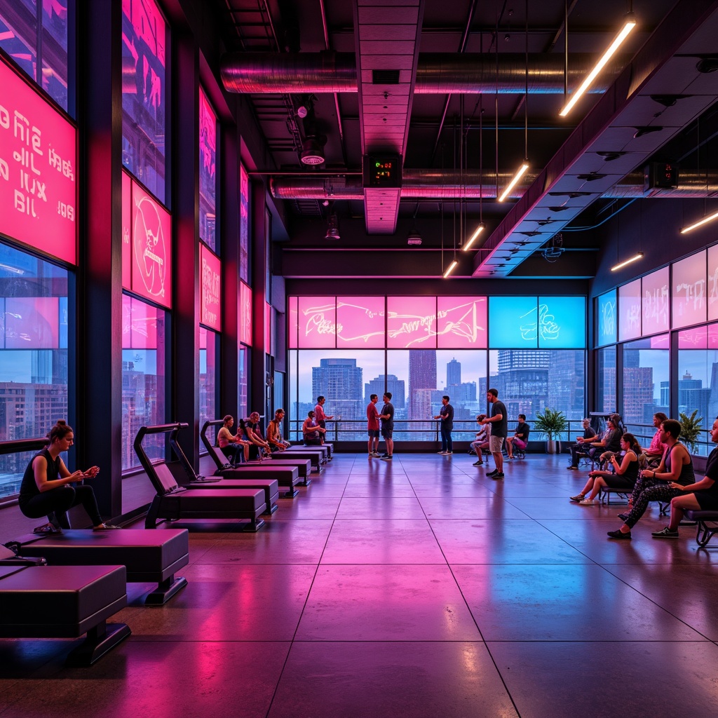 Prompt: Vibrant fitness studio, dynamic color scheme, high-intensity lighting, LED strips, neon accents, metallic finishes, polished concrete floors, modern minimalist architecture, floor-to-ceiling windows, natural daylight, urban cityscape views, energetic atmosphere, suspended ceiling lights, dramatic spotlights, 1/1 composition, shallow depth of field, softbox lighting, ambient occlusion, realistic textures.