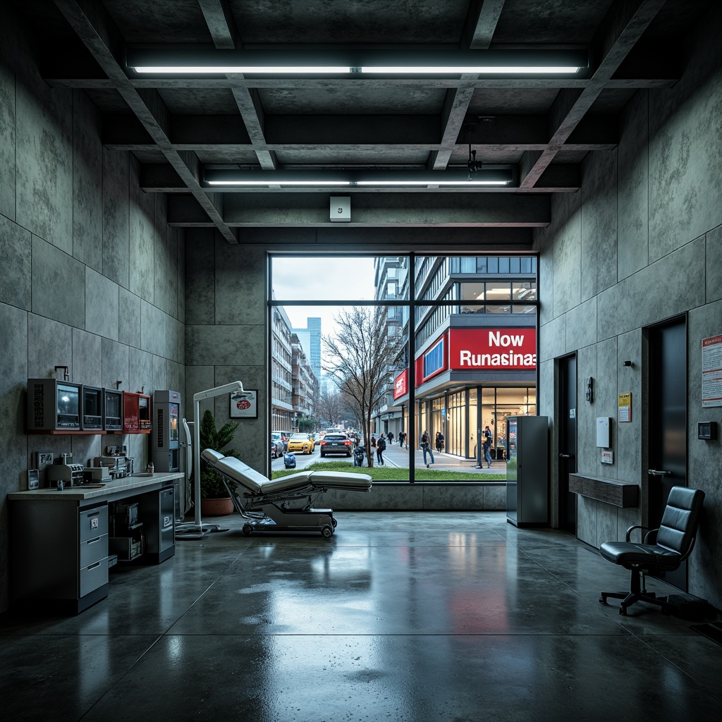 Prompt: Exposed concrete walls, industrial metal beams, minimal ornamentation, functional medical equipment, stainless steel surfaces, bold color accents, dramatic shadows, harsh overhead lighting, suspended linear fixtures, neon-lit signage, urban cityscape views, rainy day ambiance, high-contrast photography, 1/2 composition, moody atmospheric lighting, realistic reflections, ambient occlusion.