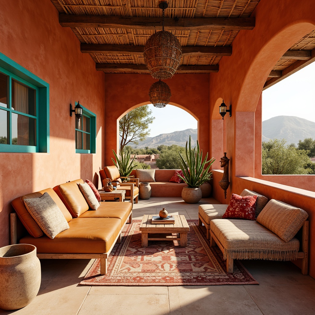 Prompt: Vibrant southwestern interior, earthy terracotta walls, turquoise accents, sandy beige floors, woven Native American-inspired textiles, rustic wooden furniture, distressed leather upholstery, warm golden lighting, natural adobe architecture, cactus plants, desert landscape views, bold red and orange hues, soft peach tones, creamy whites, weathered metal decorations, geometric patterned rugs, earthenware pottery, sun-kissed warmth, shallow depth of field, 1/1 composition, realistic textures.