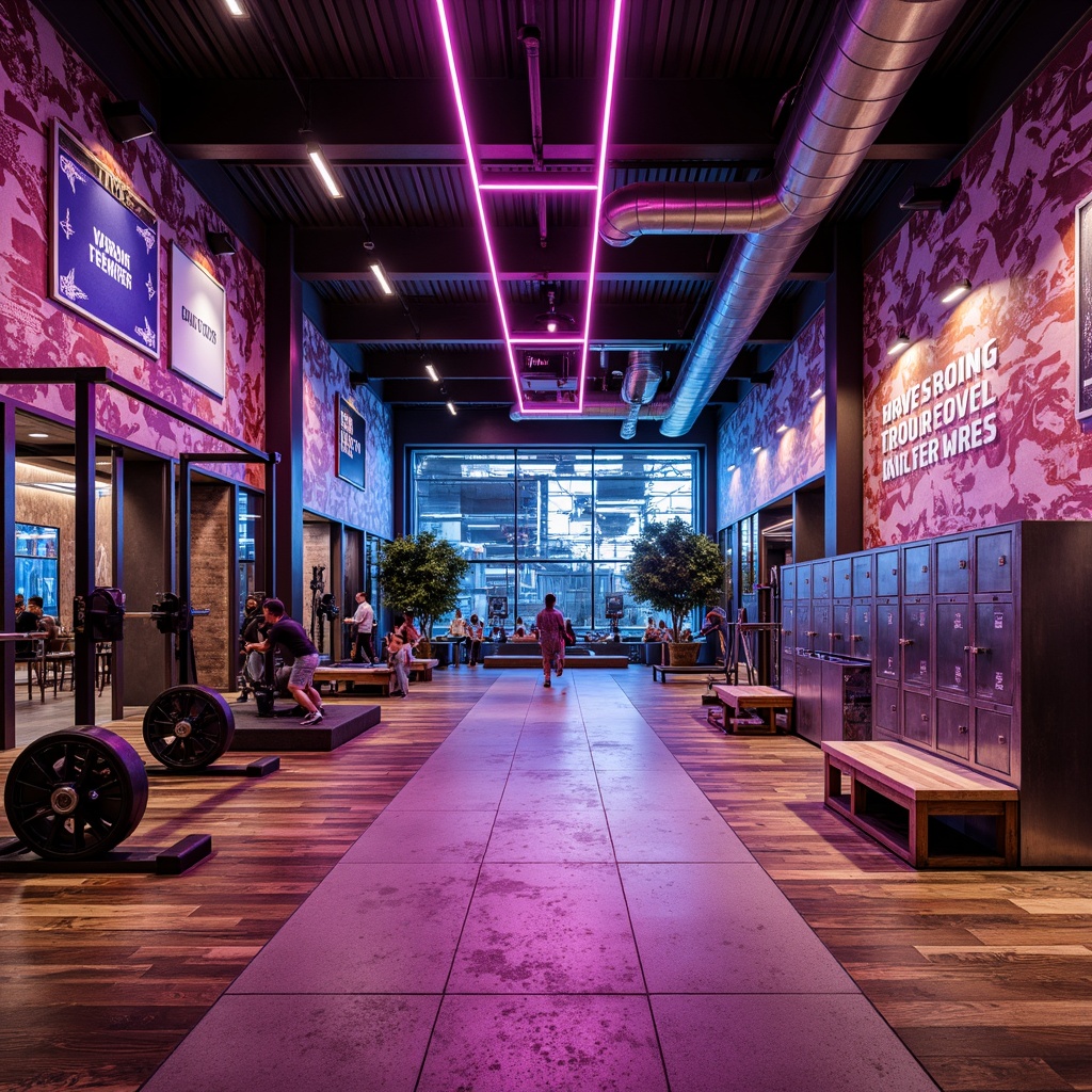 Prompt: Vibrant gym interior, eclectic workout space, industrial-chic flooring, distressed wood planks, polished concrete surfaces, bold color accents, neon lighting installations, graffiti-inspired wall art, urban loft atmosphere, reclaimed metal beams, exposed ductwork, dynamic athletic equipment, motivational quotes, rustic wooden benches, metallic lockers, abstract geometric patterns, high-gloss finish, dynamic angular composition, realistic texture rendering, dramatic shadows, softbox lighting effect.