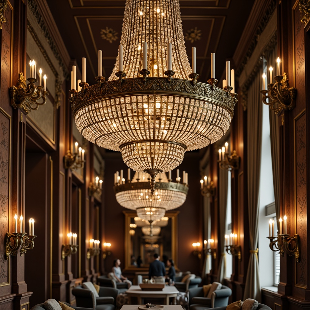 Prompt: Ornate chandeliers, crystal droplets, golden metalwork, intricate carvings, dramatic candelabras, lavish sconces, ornamental mirrors, luxurious fabrics, rich wood tones, grandiose architecture, opulent furnishings, warm soft lighting, subtle shadows, high contrast ratios, 1/2 composition, symmetrical framing, realistic reflections, detailed textures.