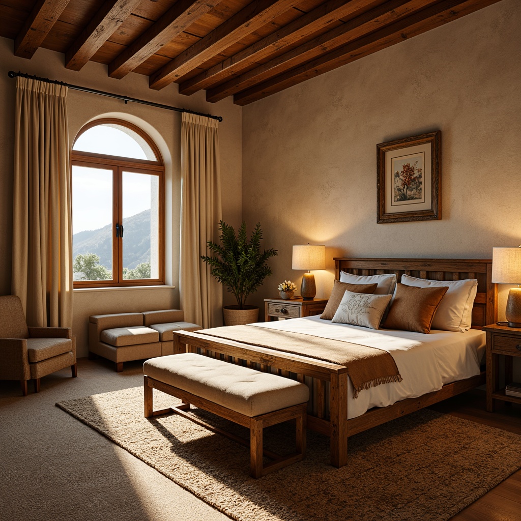 Prompt: Cozy Mediterranean bedroom, warm earthy tones, soft plush carpets, distressed wood furniture, natural linen fabrics, woven jute rugs, embroidered silk throws, velvet pillows, rustic stone walls, large windows, sheer curtains, warm golden lighting, shallow depth of field, 1/2 composition, intimate atmosphere, subtle texture blending, atmospheric scattering.