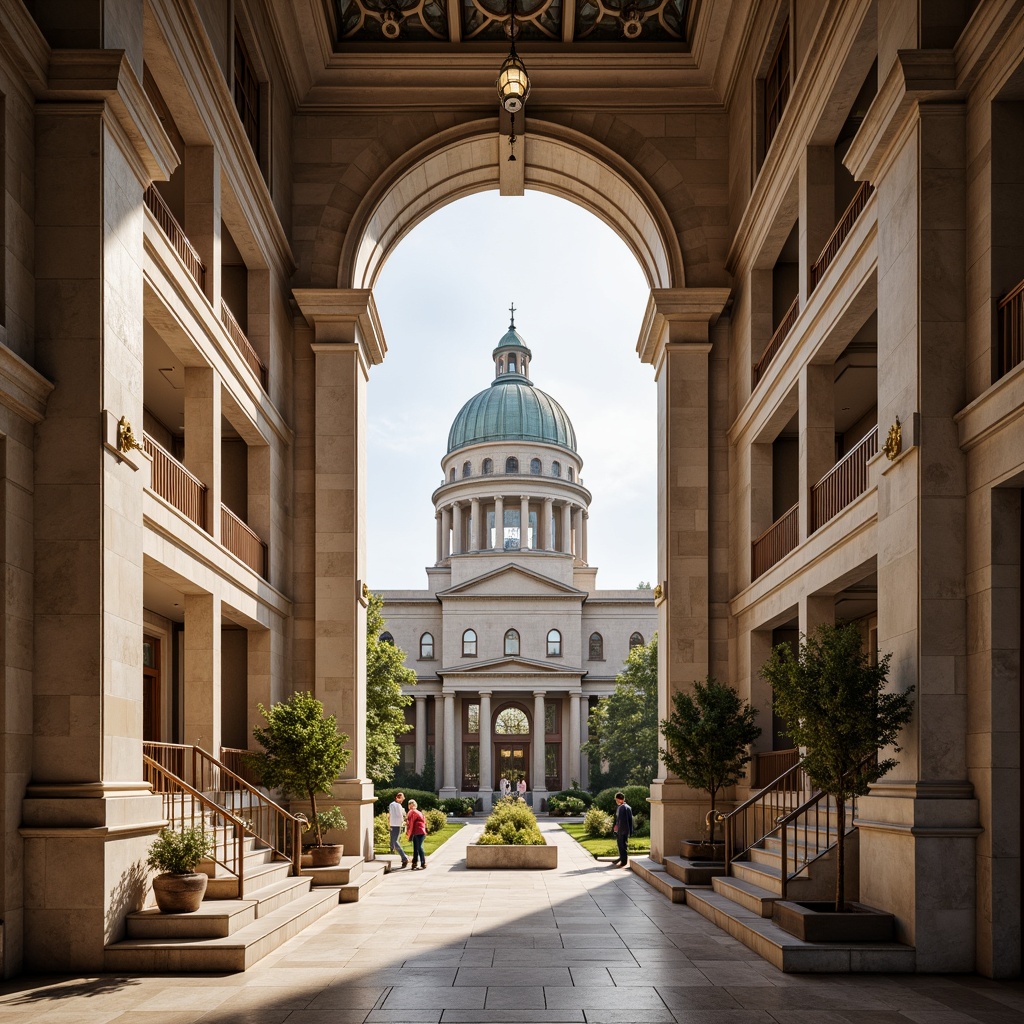 Prompt: Grand courthouse facade, neoclassical columns, ornate stone carvings, majestic clock tower, intricate stonework, symmetrical architecture, imposing entrance stairs, bronze door handles, wooden paneling, elegant chandeliers, high ceilings, marble floors, natural light pouring in, soft warm lighting, shallow depth of field, 3/4 composition, panoramic view, realistic textures, ambient occlusion.