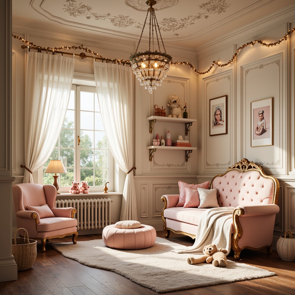 Prompt: Whimsical kids' room, Rococo style furniture, ornate carvings, soft pastel colors, plush toys, curly wood accents, crystal chandeliers, string lights, lanterns, table lamps, warm golden lighting, cozy atmosphere, velvet drapes, tufted ottomans, intricate moldings, playful patterns, creamy whites, soft pinks, 1/1 composition, shallow depth of field, realistic textures.