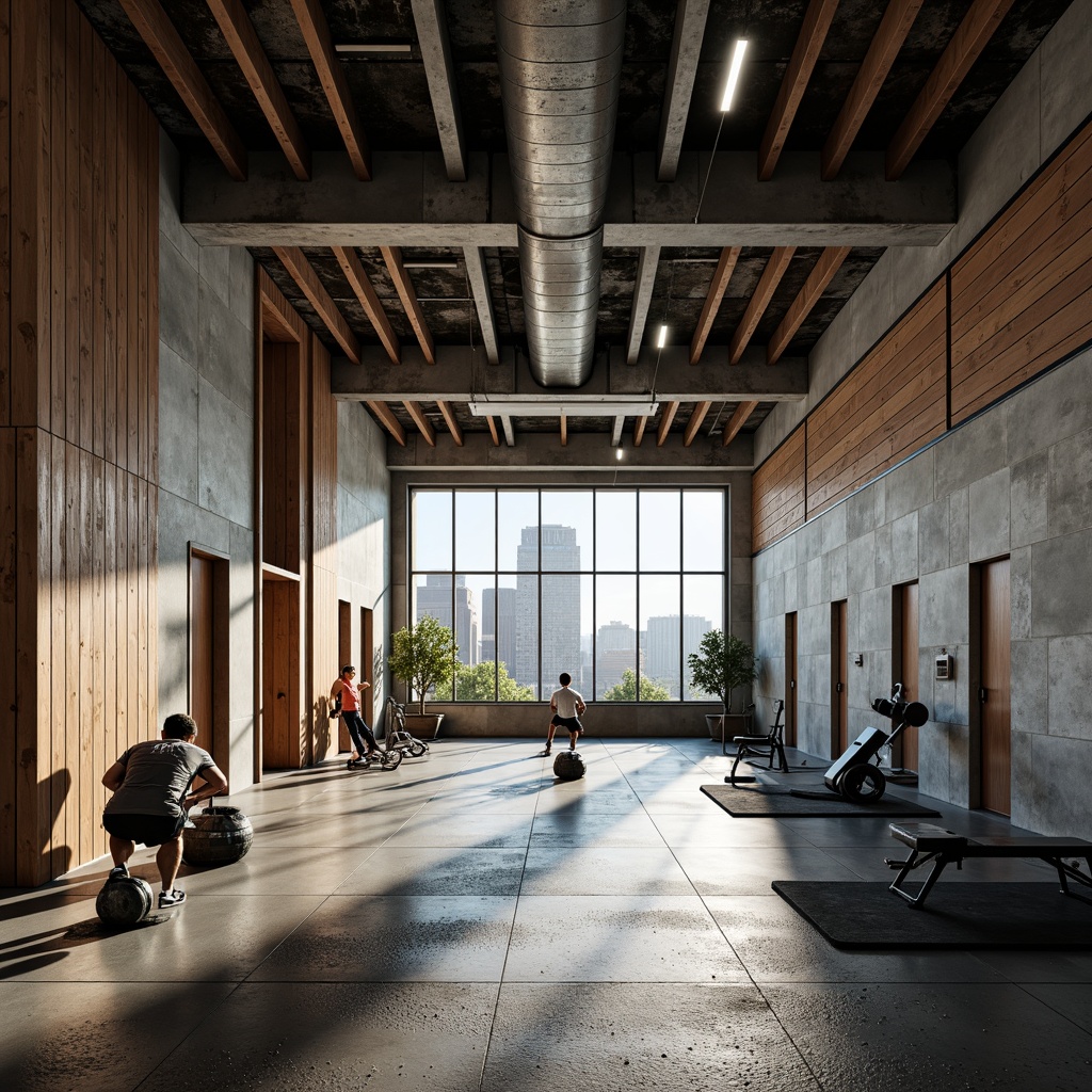 Prompt: Rough-hewn concrete walls, exposed ductwork, industrial metal beams, reclaimed wood accents, brutalist architectural style, high-ceilinged fitness spaces, minimalist lighting fixtures, raw steel equipment, textured rubber flooring, bold color schemes, urban cityscape views, morning natural light, dramatic shadows, 1/2 composition, low-angle shot, gritty realistic textures, ambient occlusion.