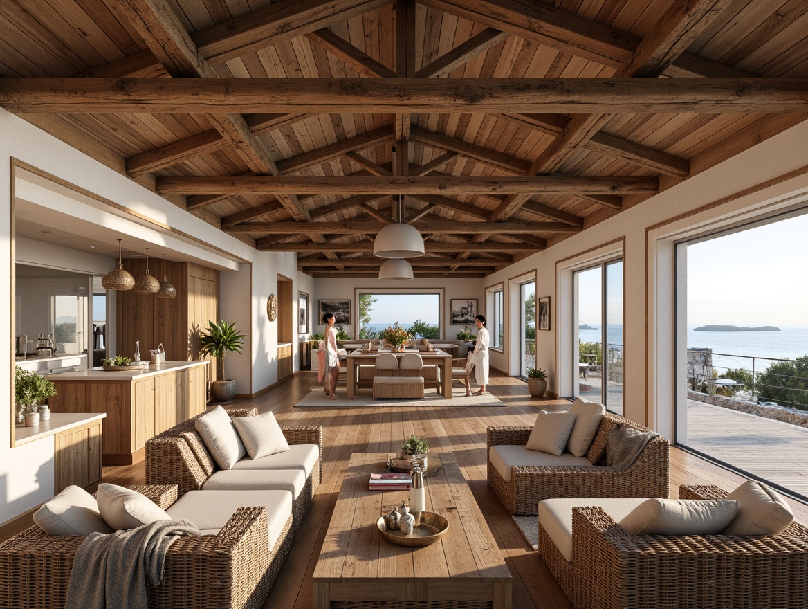 Prompt: Rustic boathouse, open floor plan, wooden beams, nautical accents, driftwood decorations, sea-inspired color palette, calming ocean views, large windows, sliding glass doors, natural textures, woven wicker furniture, plush throw blankets, cozy reading nooks, modern kitchen island, pendant lighting fixtures, polished wood floors, beachy vibe, soft morning light, 1/1 composition, realistic reflections, ambient occlusion.