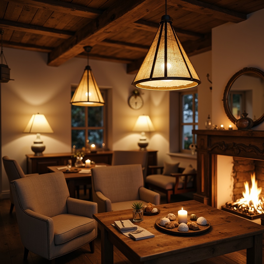 Prompt: Warm pendant lamps, soft candlelight, rustic wooden chandeliers, distressed metal sconces, vintage-inspired fixtures, creamy white shades, warm beige tones, cozy reading nooks, plush armchairs, crackling fireplace, golden hour lighting, shallow depth of field, 1/1 composition, intimate atmosphere, relaxing ambiance.