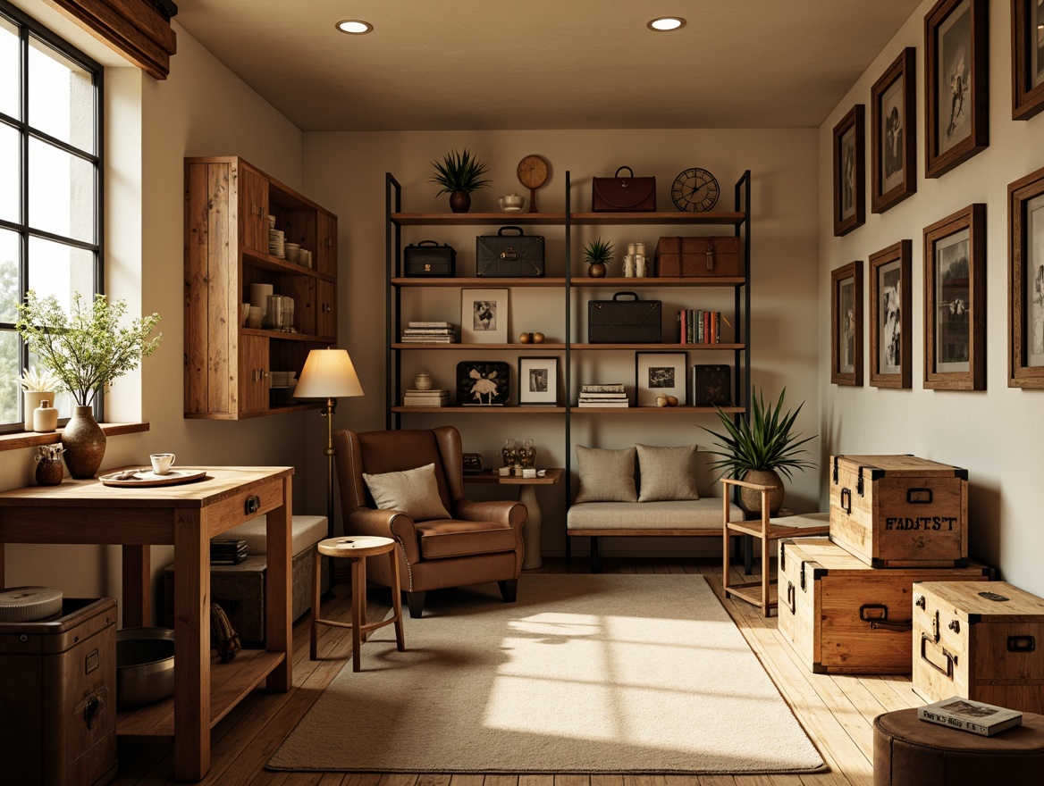 Prompt: Cozy storage room, warm beige walls, soft cream accents, earthy brown shelves, wooden crate textures, industrial metal frames, vintage luggage decor, distressed wood finishes, warm white lighting, subtle shadows, shallow depth of field, 1/2 composition, realistic reflections, ambient occlusion.