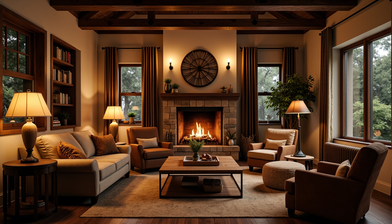 Prompt: Cozy living room, warm candlelight, soft glow lamps, rustic wooden furniture, plush velvet sofas, woven baskets, natural stone fireplace, crackling fire sounds, dimmable overhead lighting, table lamps with linen shades, floor-to-ceiling curtains, dark wood flooring, intimate seating areas, warm beige walls, rich brown leather armchairs, relaxed reading nooks, soft box pleat drapes, morning sunlight, gentle warm lighting, shallow depth of field, 1/1 composition, realistic textures.