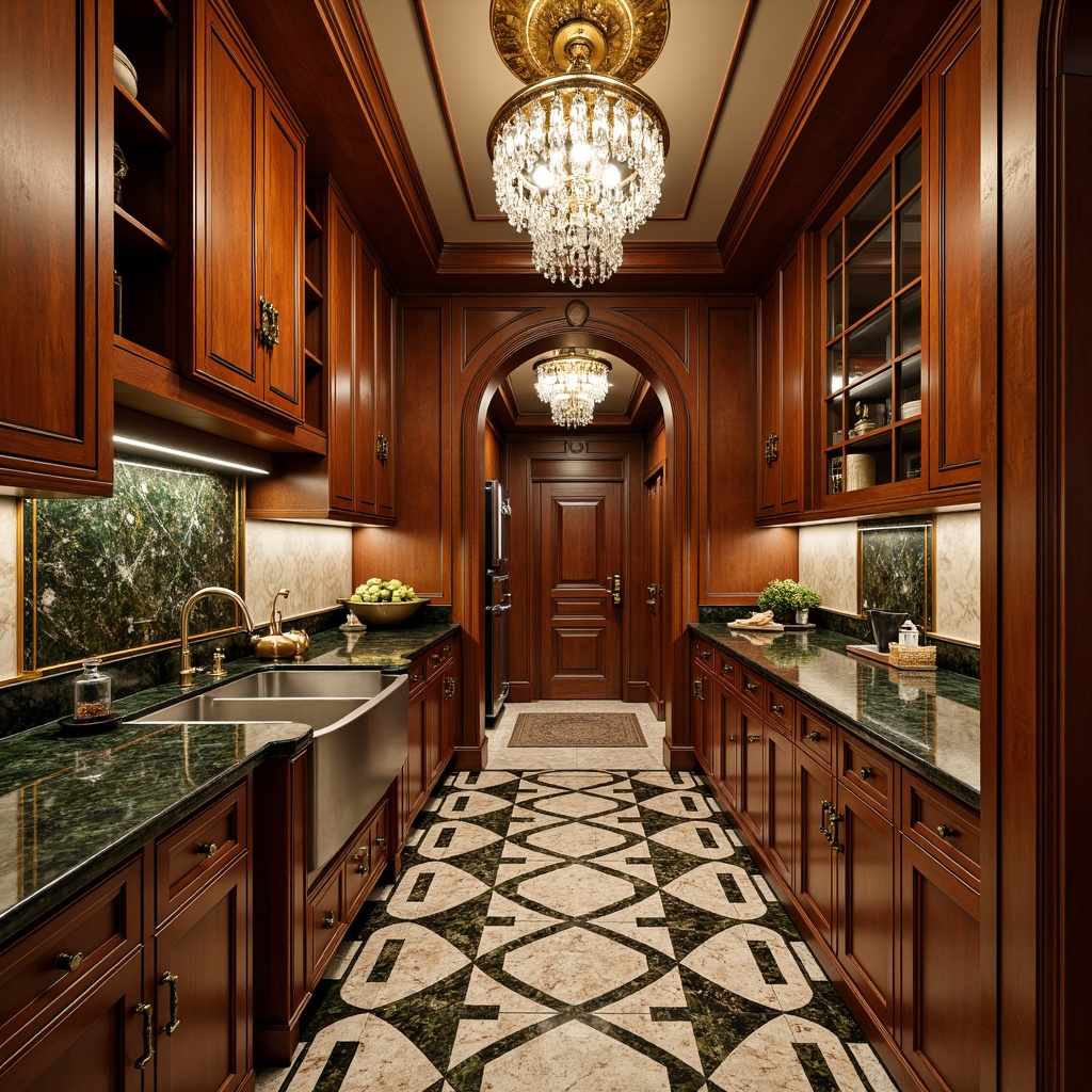 Prompt: Art Deco pantry, luxurious wooden cabinets, ornate metal handles, glossy marble countertops, geometric patterned tiles, metallic accents, rich jewel-toned colors, opulent crystal chandeliers, lavish gold fixtures, intricate inlays, decorative molding, lavish archways, soft warm lighting, shallow depth of field, 3/4 composition, realistic textures, ambient occlusion.